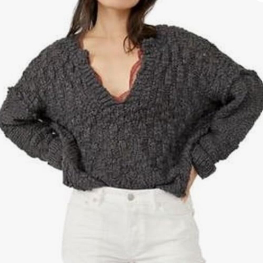 Free People Josephine Pullover Cotton Sweater, Large Charcoal